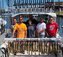 big family standing with their walleye catch
